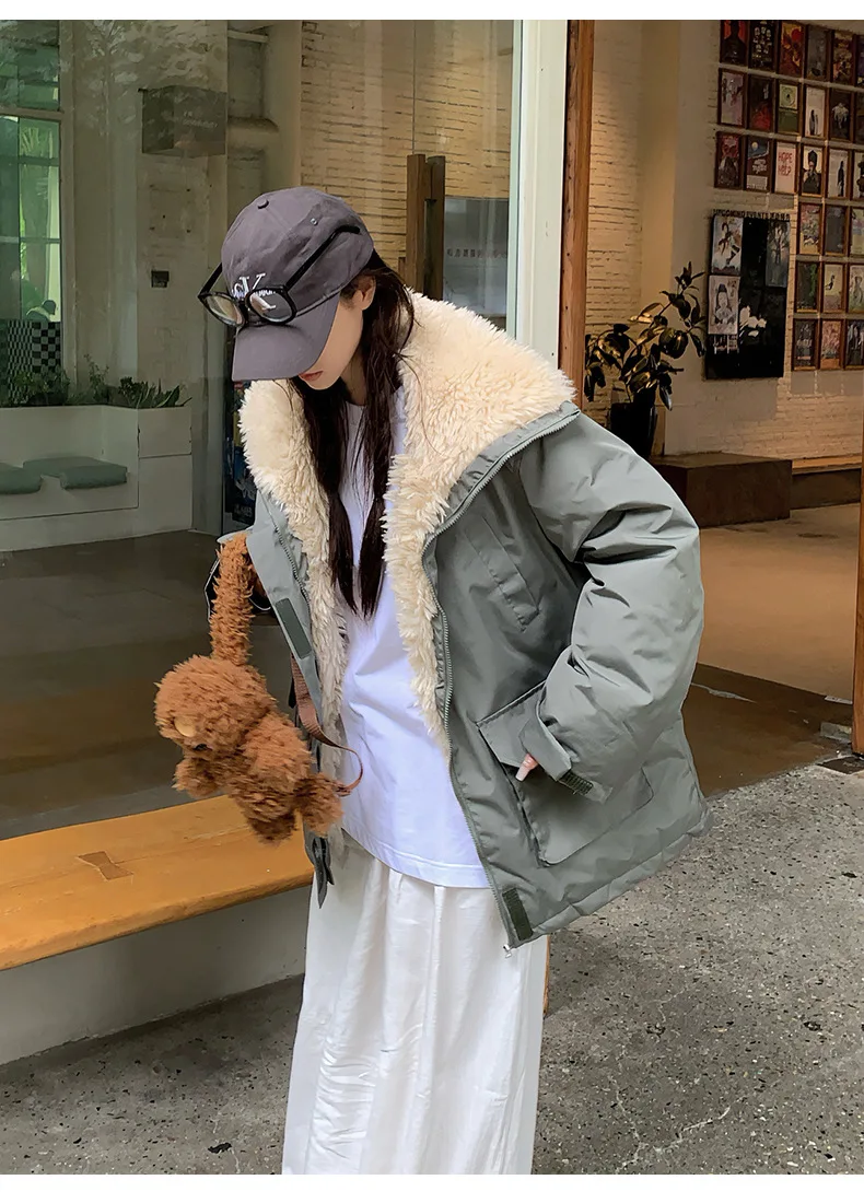Women  Lamb Shearing Parkas Coats Solid Overcoat Big Turn Down Fur Collar Zipper Thick Loose Fit Casual Office Lady Winter 2025
