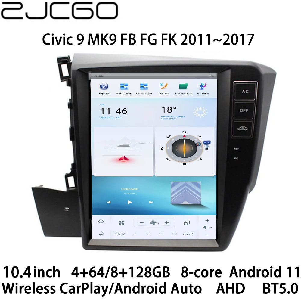 

ZJCGO Car Multimedia Player Stereo GPS Radio Navigation Android 11 Screen Monitor for Honda Civic 9 MK9 FB FG FK 2011~2017