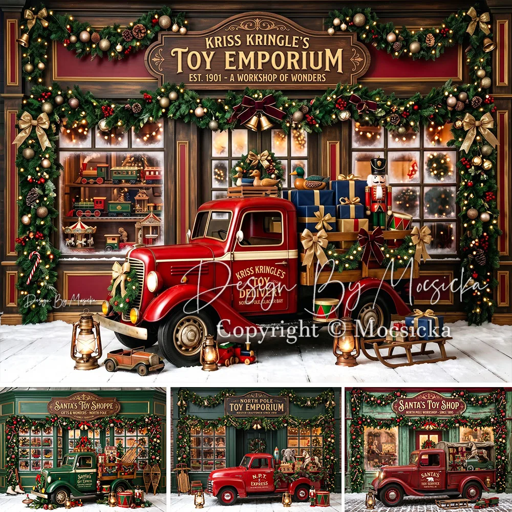 Mocsicka Christmas Toy Shop Backdrop Photography Red Vintage Gift Truck Soldier Garland Window Background Holiday Studio Photo