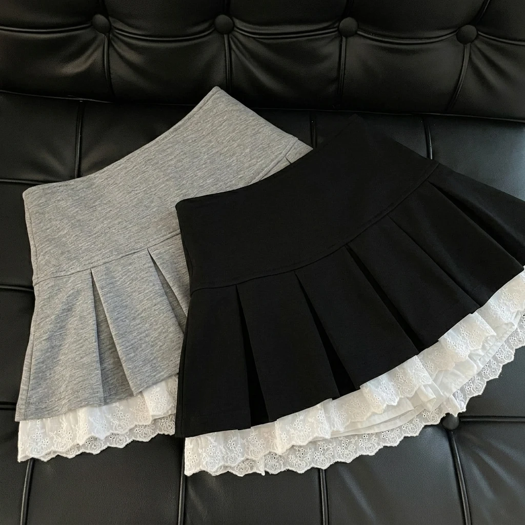 Eyelet Lace Pleated Mini Skirt with Safety Shorts Women Skater Skirt with Lace Hem MiniSkirt Coquette Y2K Preppy Academia