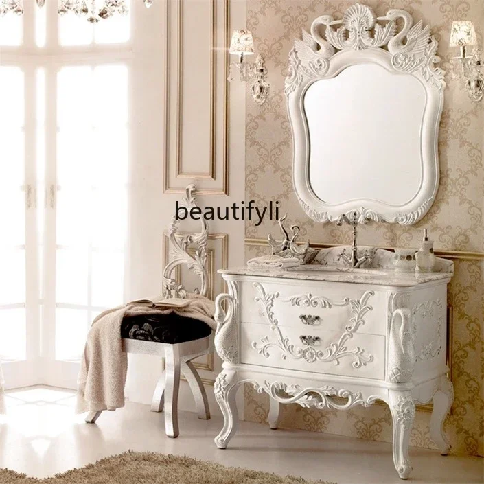 European-Style Bathroom Cabinet Wash Basin Antique Marble Countertop Oak Carved Bathroom Table