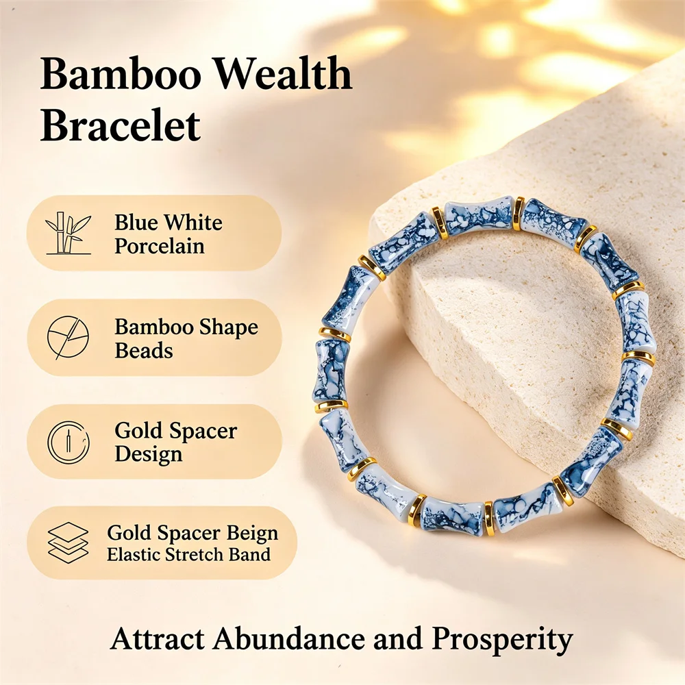 OUYADI Blue White Porcelain Bamboo Beaded Bracelet Gold Spacer Elastic Wealth Luck Jewelry Wholesale