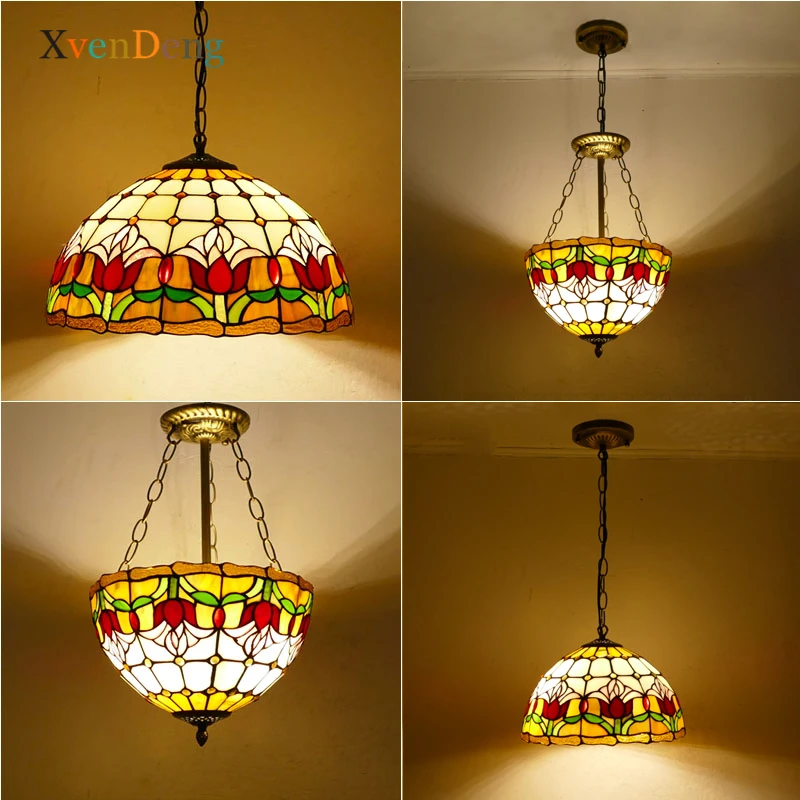 

Tiffany Tulip Pendant Light Vintage Mediterranean Stained Glass Hanging Lamp Kitchen Living Room Suspension Luminaire Home Decor