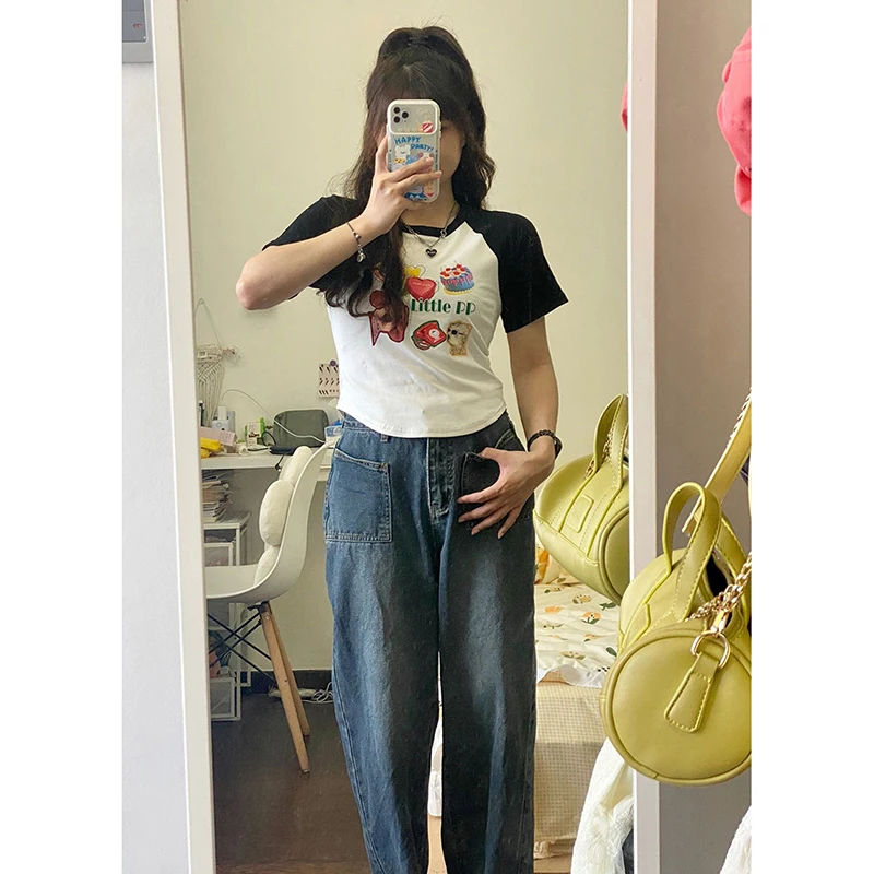 Été ort Sve T-shirt femme épicé fille polyvalent coréen Sle Chic oulder Insertion américain rétro ort longueur haut