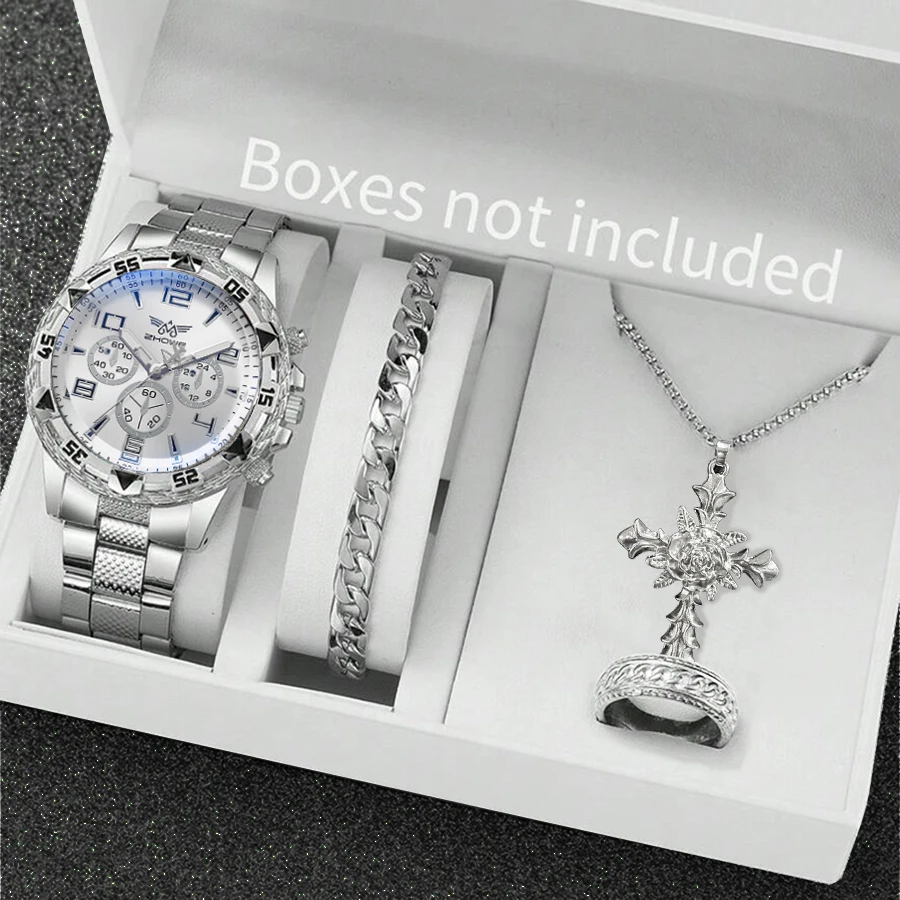 الرجال 4PCS ووتش مجموعة أزياء عارضة الفولاذ المقاوم للصدأ ثلاثة أقراص كوارتز ووتش الحرة روز قلادة سوار خواتم هدية عيد ميلاد