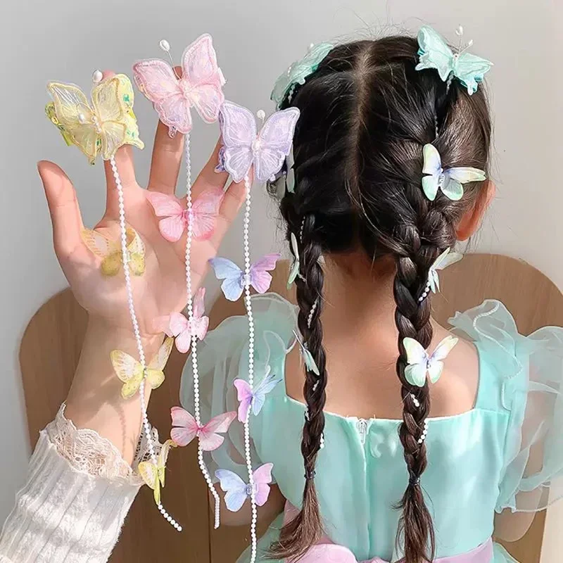 2pcs Princess Girls Gauze Butterfly Hair Clips Pearl Tassel Braid Hairpins Sweet Children Festival Dress Up Hair Accessories