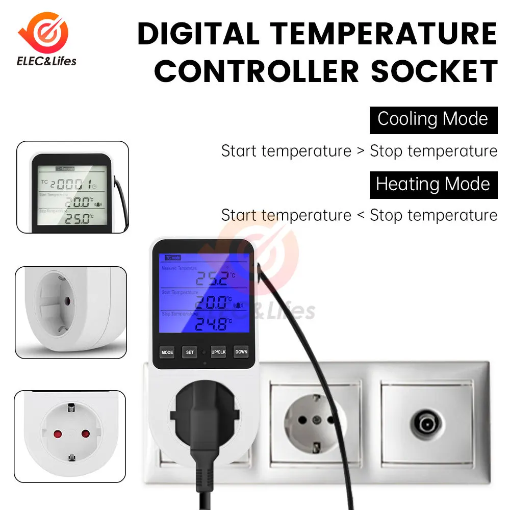 EU/UK/FR Timer Socket Thermostat Multi-Function Temperature Controller Outlet With Timer Switch Sensor Probe Heating Cool Tool