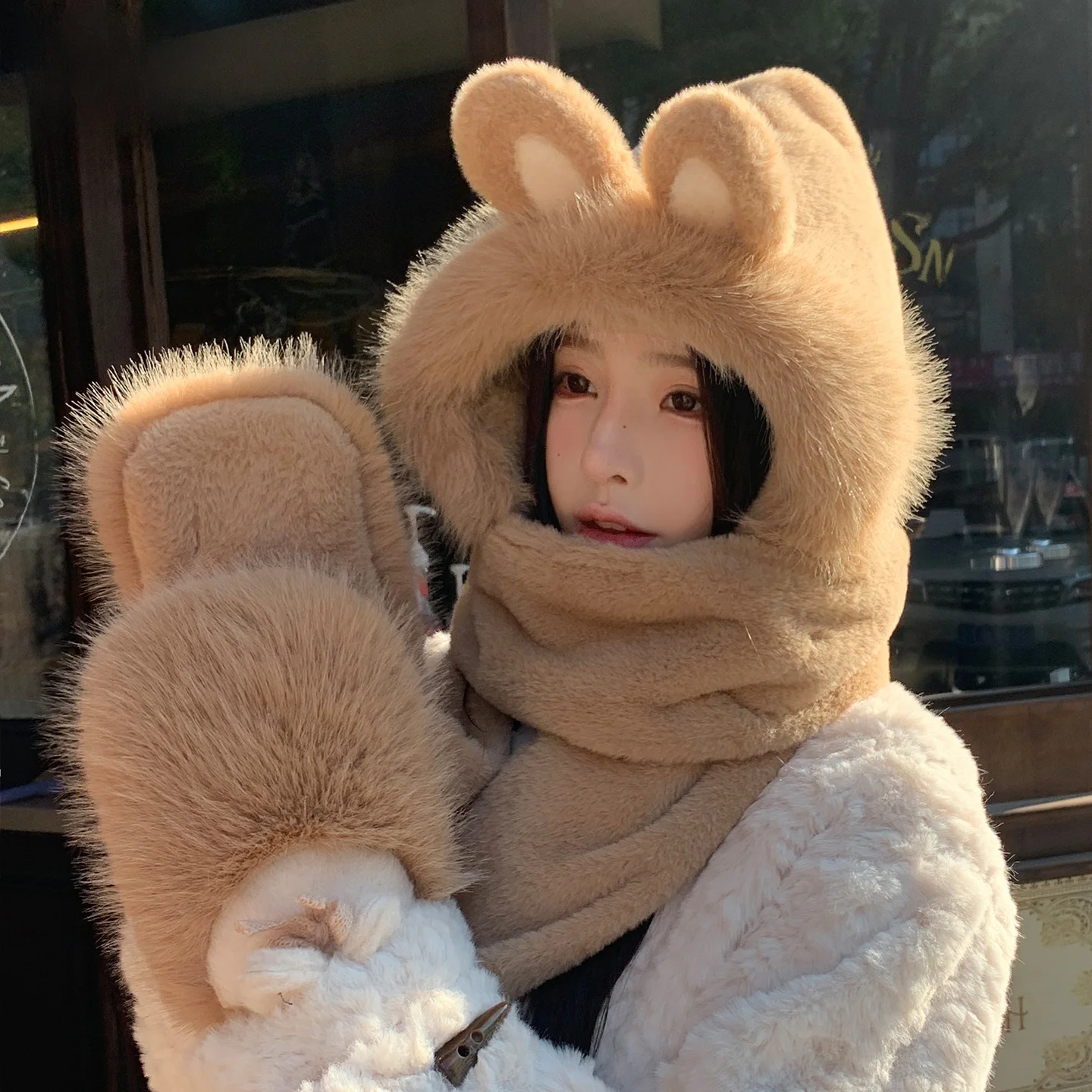 韓国風厚手のぬいぐるみ帽子スカーフ手袋セット女性用秋冬サイクリング防寒帽子暖かいスリーピーススーツ