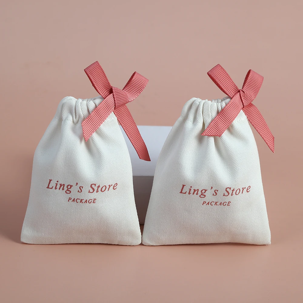 50 Personalized Logo Print Cotton Drawstring Gift Bags Jewelry Packaging Pouches Wedding Favor Premium Small Canvas Candy Bag