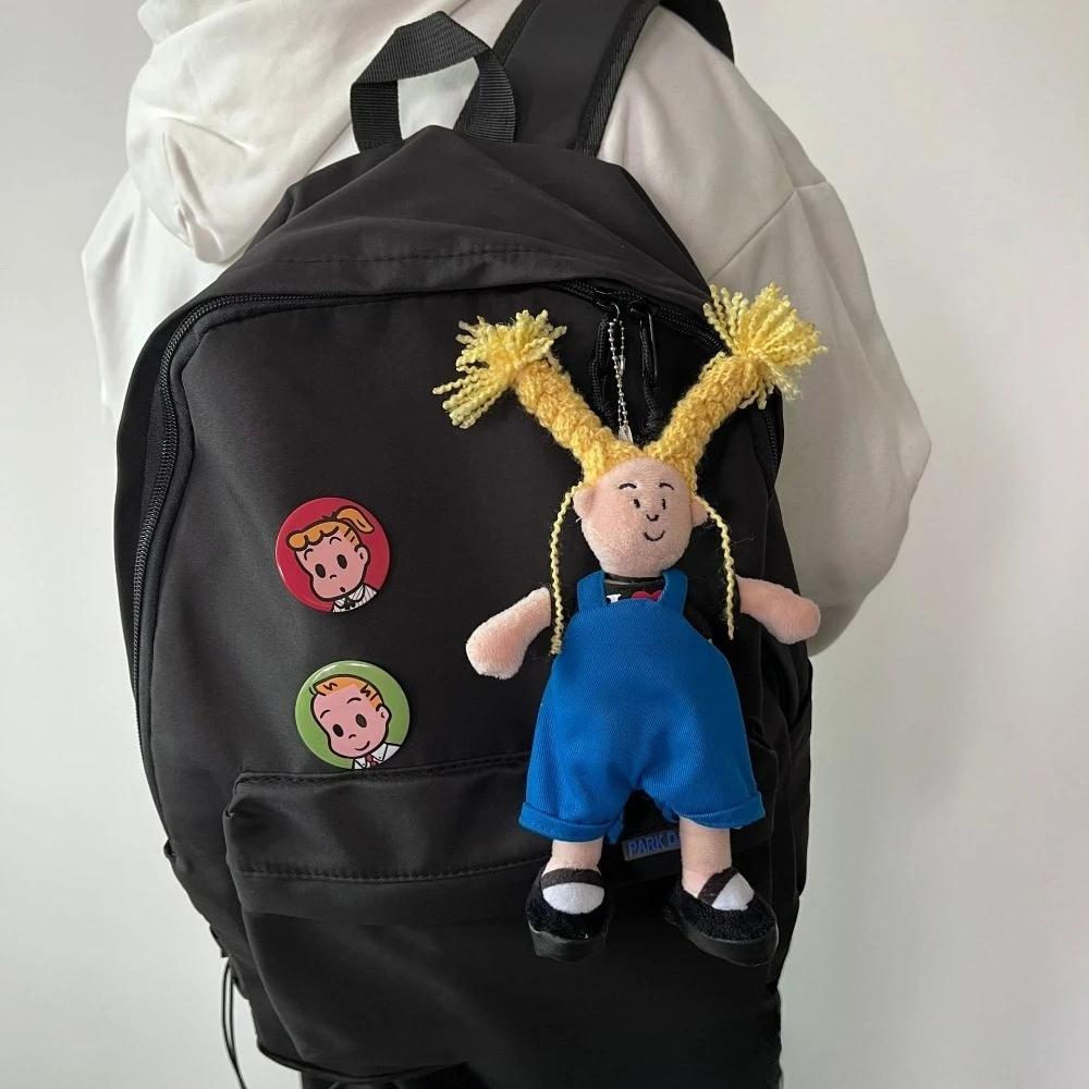 Funny Yellow Hair Girl Plush Keychain Cute Doll Blue Overalls Toy Retro Style Bag Pendant Weird Backpack Charm Boy Girl Gift