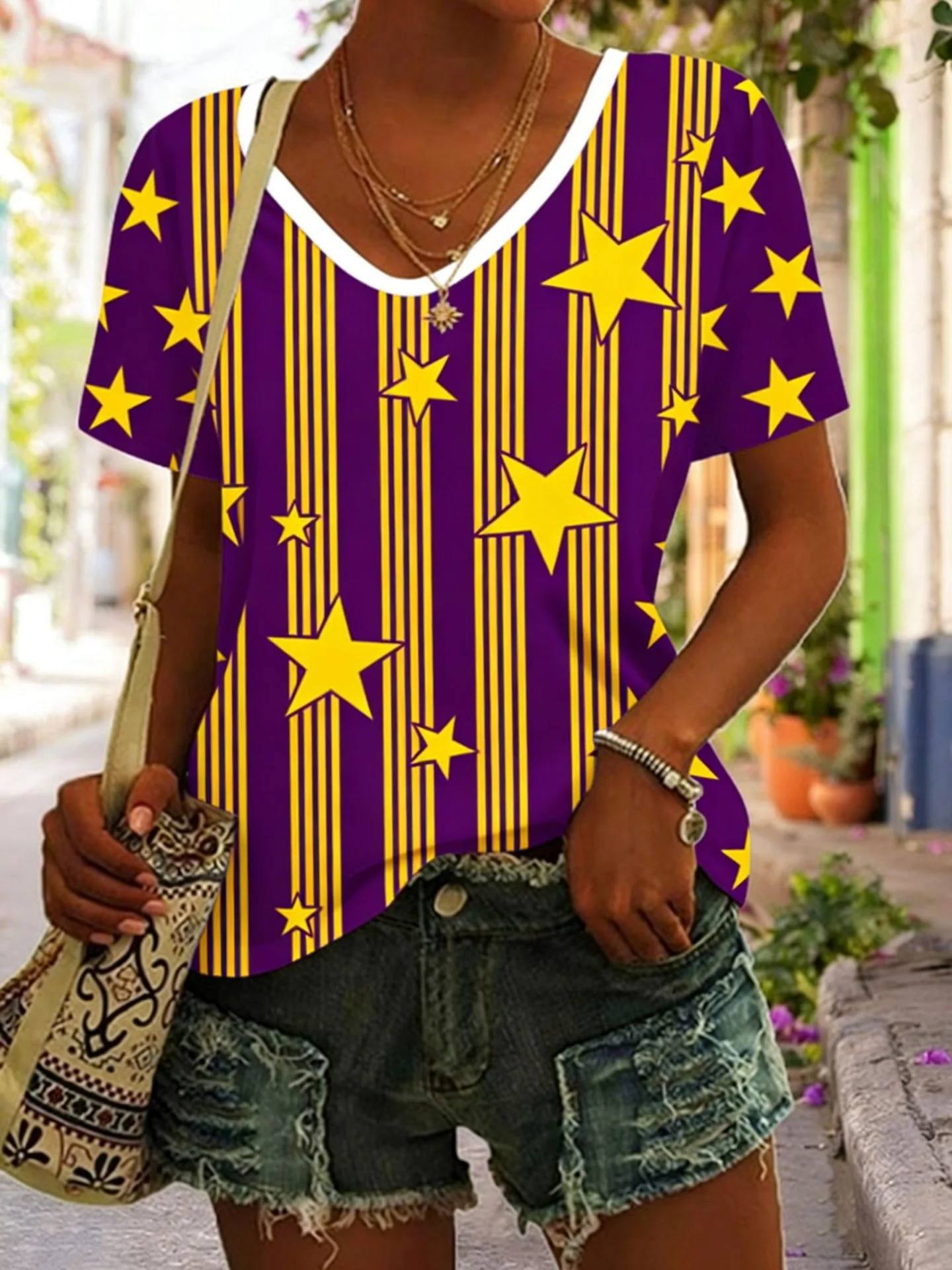 Summer Star Stripe 3D Print T-Shirts Women's Casual Short Sleeve V-Neck T Shirt Top Y2k Harajuku Tees Female Streetwear Clothing
