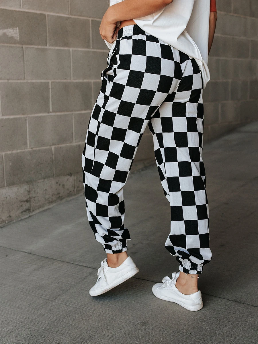 Womens Checkered Cargo Pant Elastic Waisted Color Block Gingham Loose Fitted Jogger Trouser Streetwear