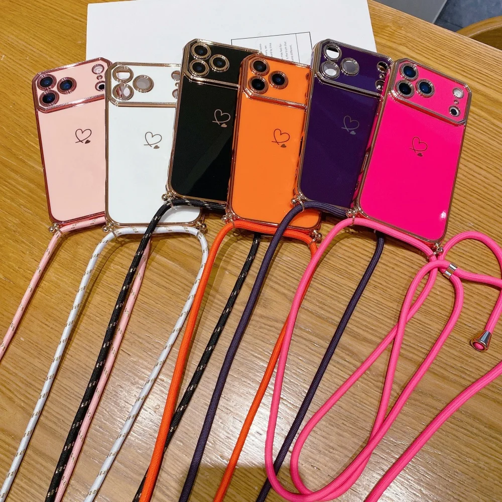 Crossbody-Halsband-Schultergurt-Hülle für iPhone 18 17 Pro Max 16 13 15 14 Plus, vergoldetes Herz, weiche Silikonhülle – Detail 1