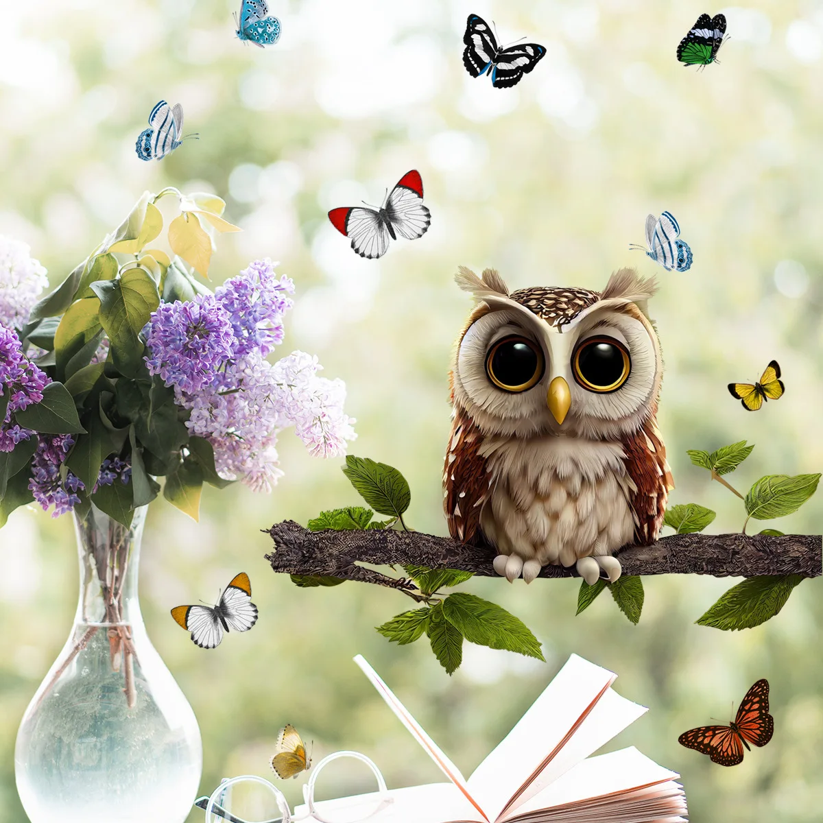 Branch Owl Butterfly Wall Stickers 30x40cm Wall Decals For Living Dining Bedroom Study Window Home Background Decor Ct4035