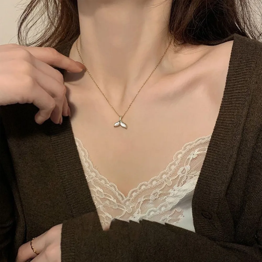 New Arrival White Sea Shell Mermaid Tail Pendant Necklace for Women Cute Gold Color  Stainless Steel Choker Korea Jewelry Gift image 5