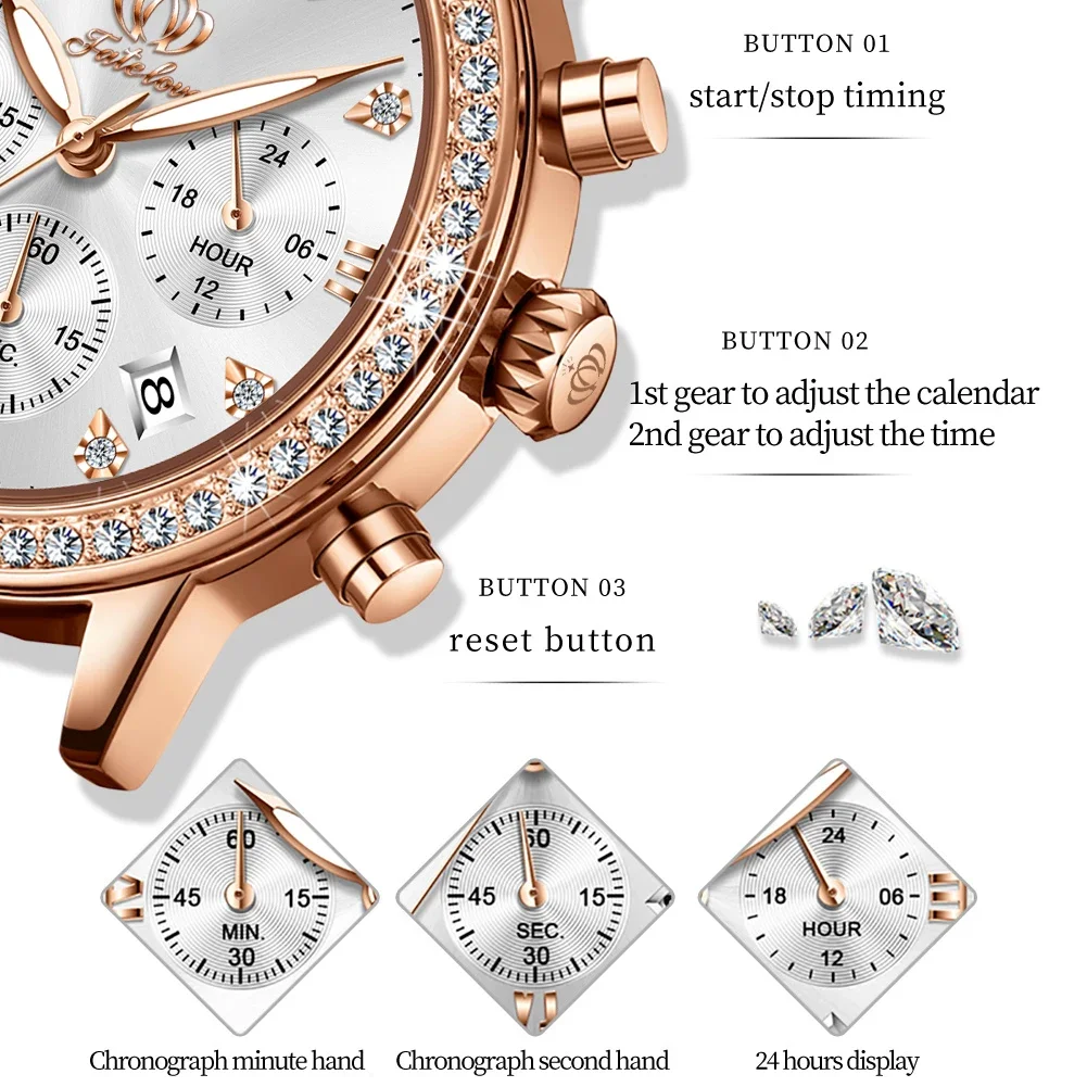 Fate Love 881 Luxury Quartz Watch For Women Waterproof Luminous Leather Strap Wristwatches Chronograph Original Women's Watches