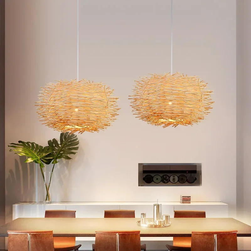 

Japanese Hand-woven Bird's Nest Pendant Lamp Rattan Chandeliers Study Teahouse Hotel Pastoral Restaurant Hanging Suspen Light