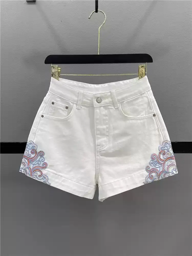 하이웨이스트 A라인 청바지 여성용 자수 화이트 데님 여름 신상 슬림핏 와이드 레그 핫팬츠