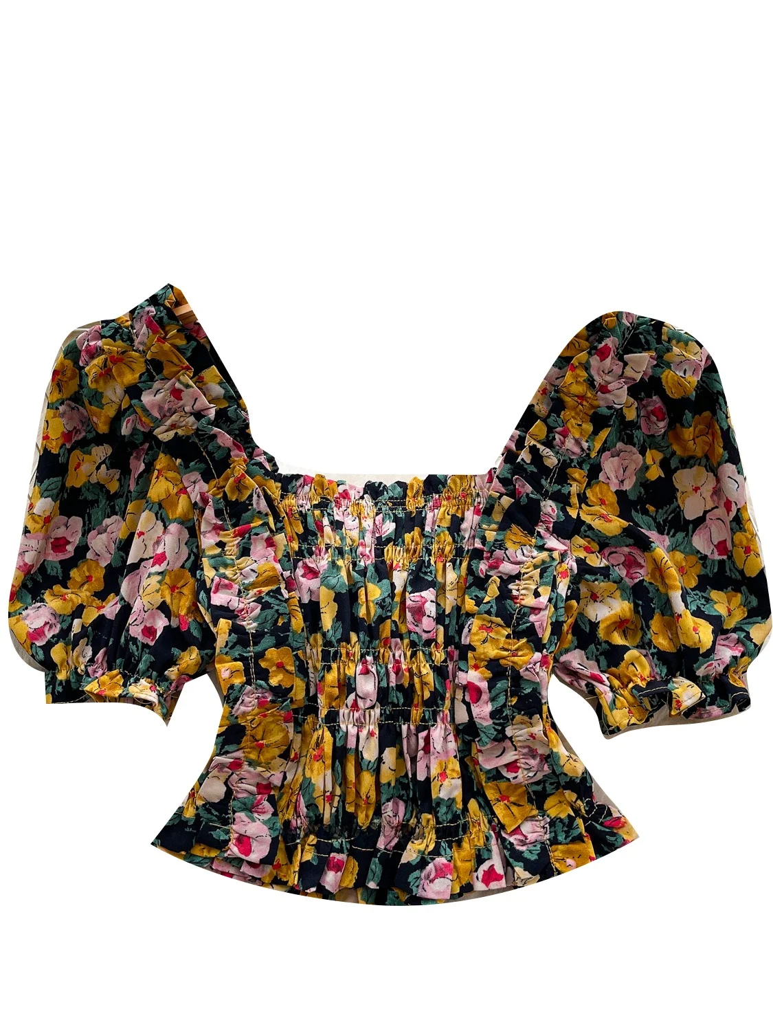 French Sle Floral Print Bubble Sve ort irt Women's Slim Fit irt Square Collar Summer Faion Retro Top