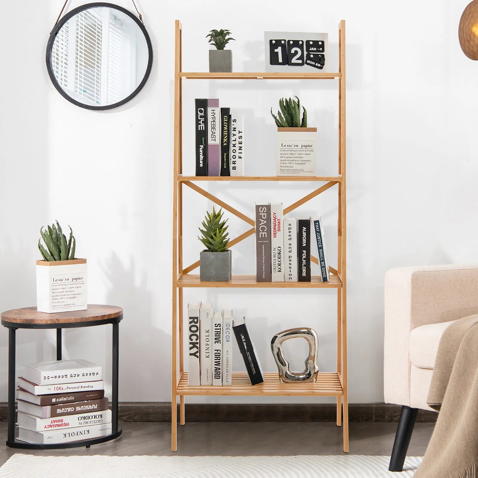 

2PCS 4-Tier Bamboo Ladder Bookshelf 58'' Display Shelf Storage Rack Plant Stand
