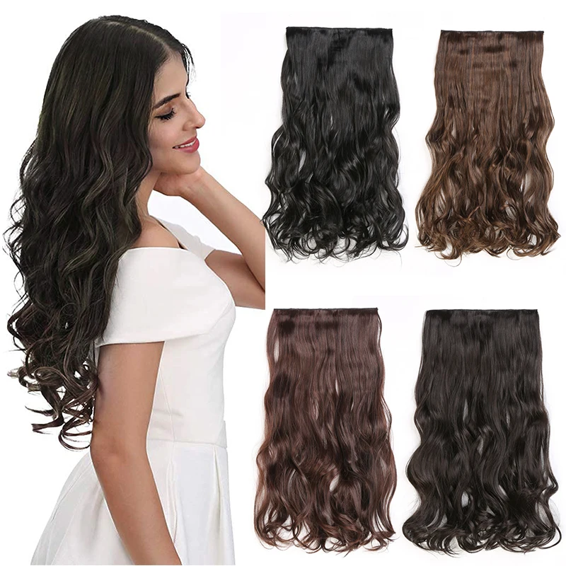 

5 Clip In Hair Extension Heat Resistant Fake Hairpieces Long Wavy Hairstyles Synthetic Clip Golden On Hair Extensions for Girls