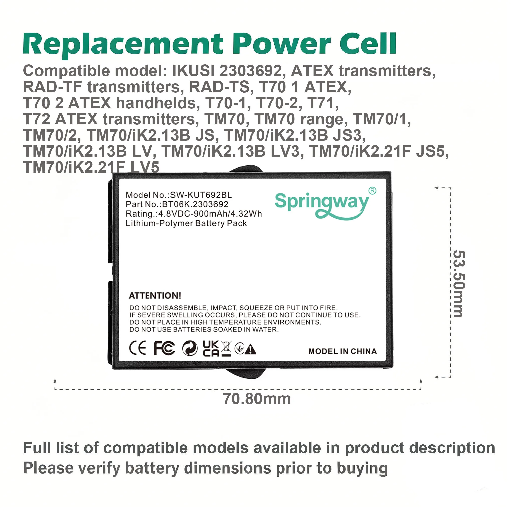 SPRINGWAY 900mAh Battery 2303692,BT06K for IKUSI 2303692,ATEX transmitters,RAD-TS, T70 1 ATEX, T70-1, T70-2, T71, T72 , TM70