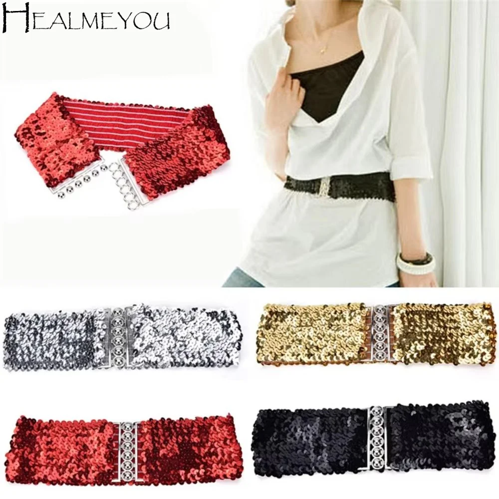 

Sparkling Sequined Wide Corset Belt Metal Buckle Wide Elastic Sequin Elastic Cummerbunds Corset Belt Decorative