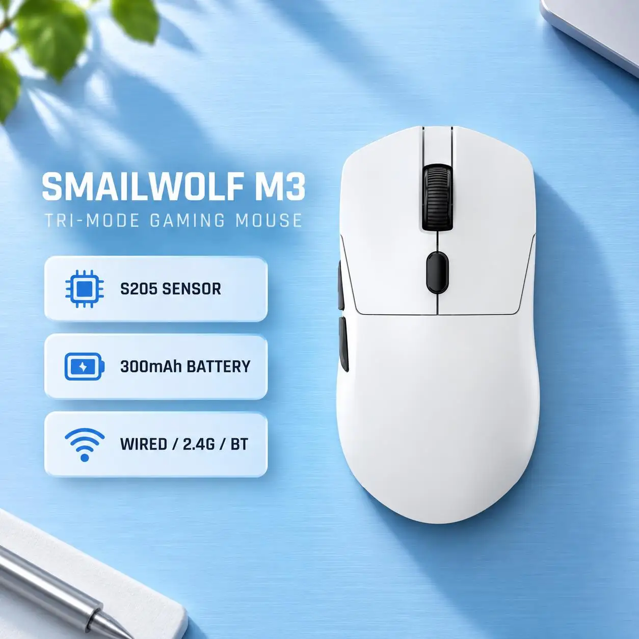 SMAILWOLF M3 and M3Pro 12000 DPI Tri-Mode Mouse S205 2.4G BT Wired 300mAh 1000Hz for PC Laptop Computer Ergonomic High Precision