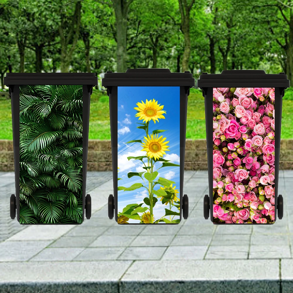 Green Leaf Flower Trash Can Sticker Waterproof Trash Can Wallpaper Cover Decal Mural Home Décor