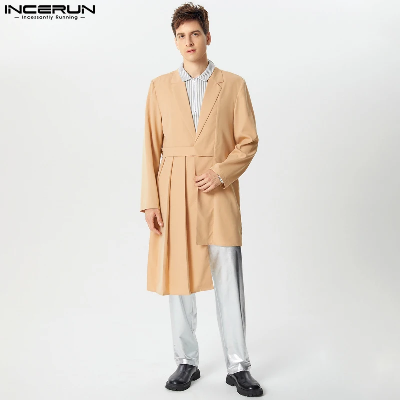 INCERUN Tops 2024 American Style Fashion Mens Pleated Irregular Hem Suit Coats Casual Streetwear Solid Loose Long Sleeved Blazer