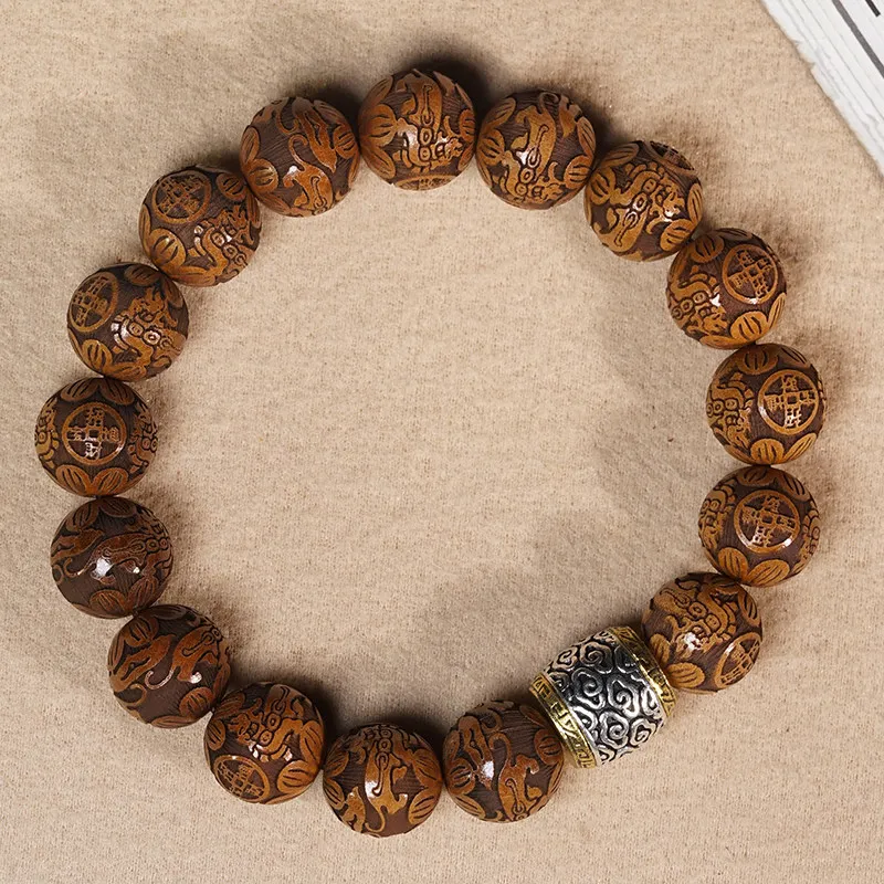 Chinesischer Stil 12mm Afrikanisches Huanghuali-Holz Geschnitztes Reichtum-Anziehendes Glücksarmband Feng Shui Segens- und Glücksgebet-Perlen