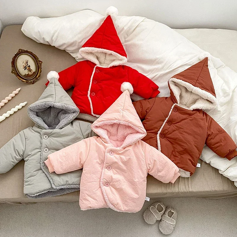 2024 New Winter Toddler Baby Girl Plush Jacket Newborn Baby Girls Long Sleeved Solid Color Hooded Thicken Warm Cardigan Coat