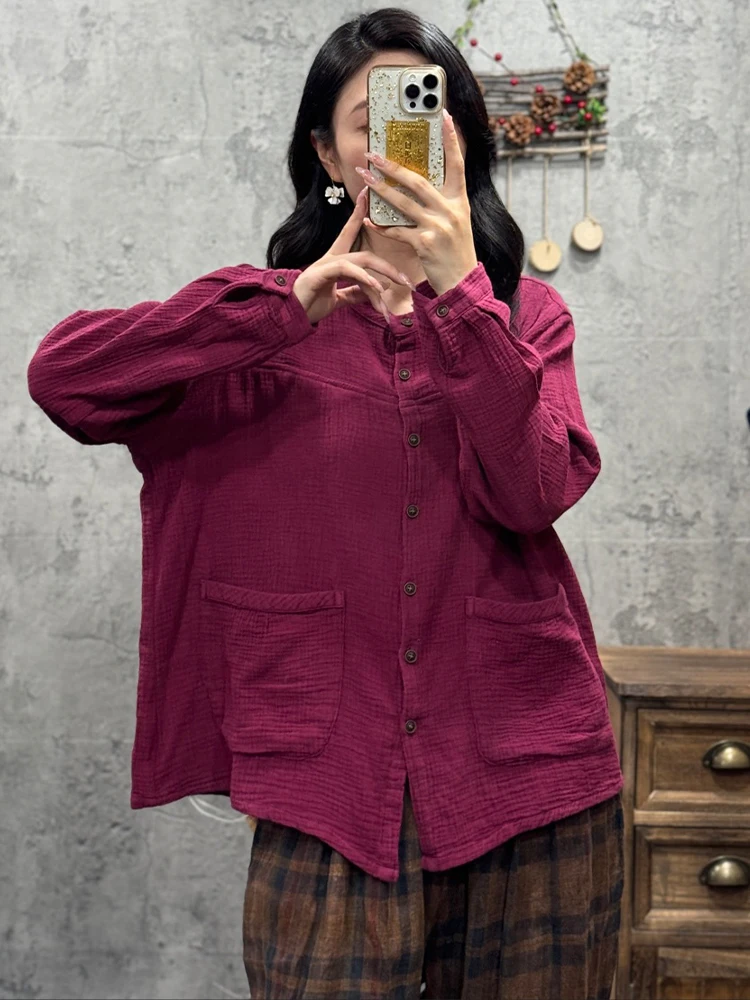 Amax LuluE Korean Design Autumn Tops Womens Fashion Casual Cotton Linen Shirts 2025 Ladies Classic Loose Vintage Solid Blouses