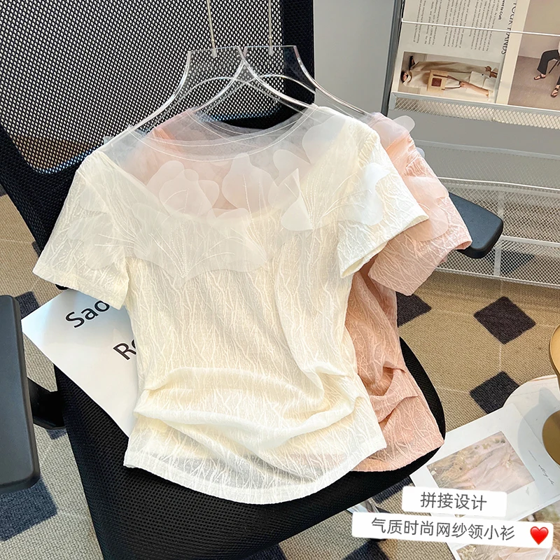 2024 Summer New O Neck Short Sleeve Solid Color Mesh Simple Elegant T-shirt Women