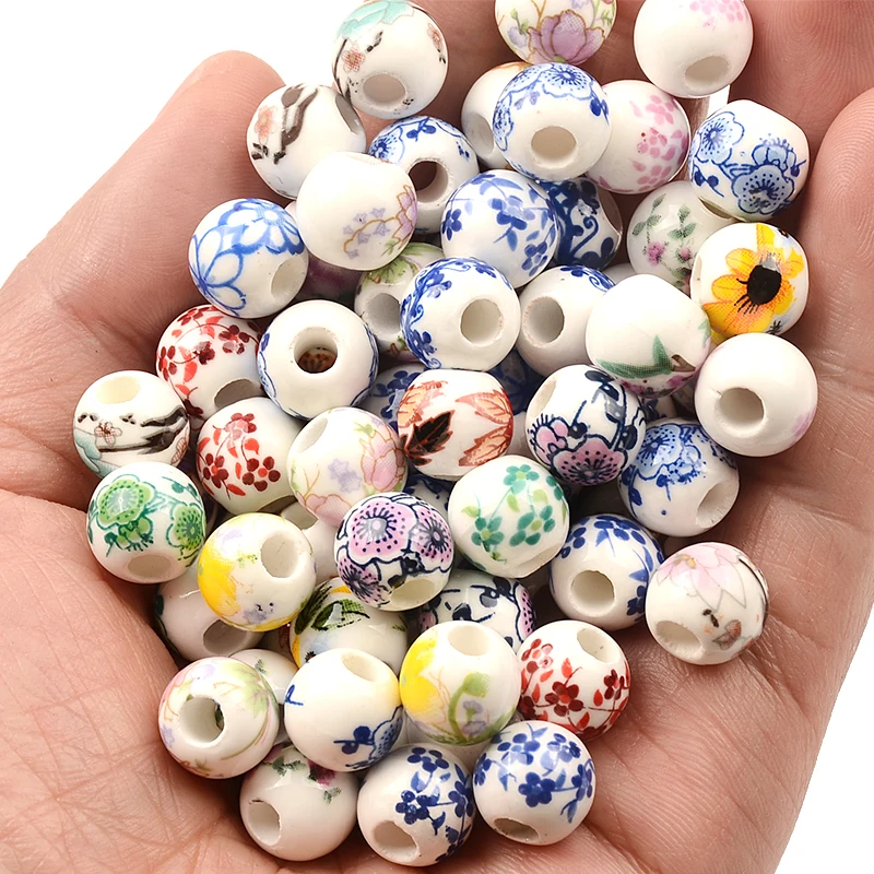 20Pcs 10mm Chinese Printing Flower Big Hole Beads Ceramic Beads Porcelain Loose Beads for Bracelets Pendants Jewelry Making DIY