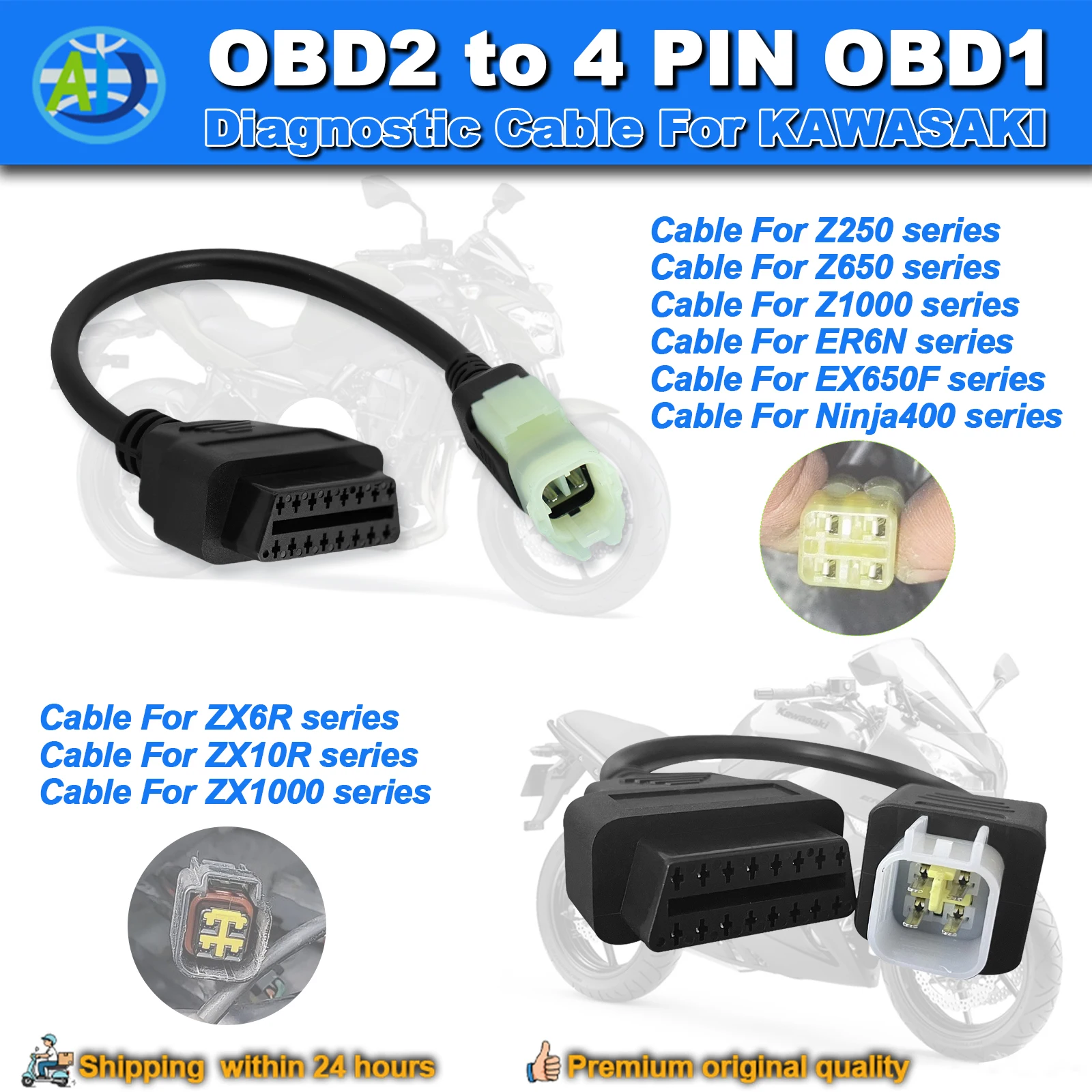 OBD Cable For Kawasaki 4Pin OBD2 Diagnostic Cable for Z250, Z650, Z1000, ER6N, EX650F, Ninja400 Motorcycle OBD Adapter Connector