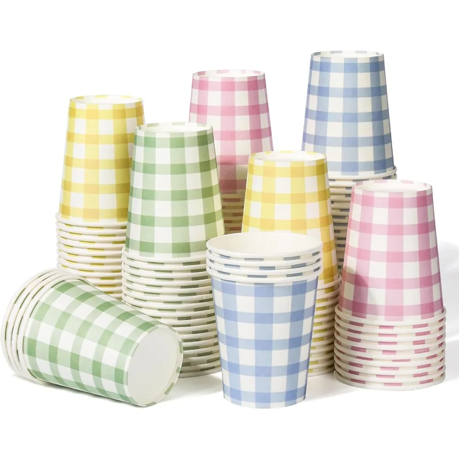 

120 шт., 9 унций, бумажные стаканчики для питья в клетку, 4 цвета, одноразовые бумажные стаканчики в клетку, светло-голубой, светло-зеленый, светло-желтый и светлый