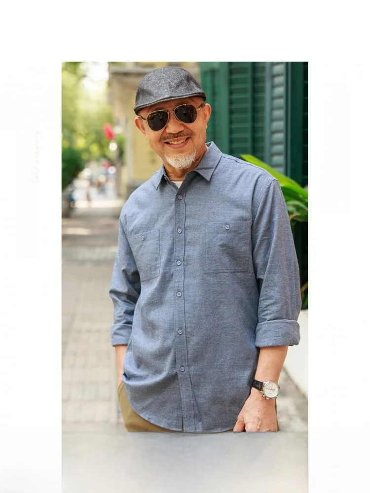 

Pure Cotton Brushed Shirt Loose Fit Dad Elderly Spring Autumn Men's Fashion Casual Long Sleeve Button up Color