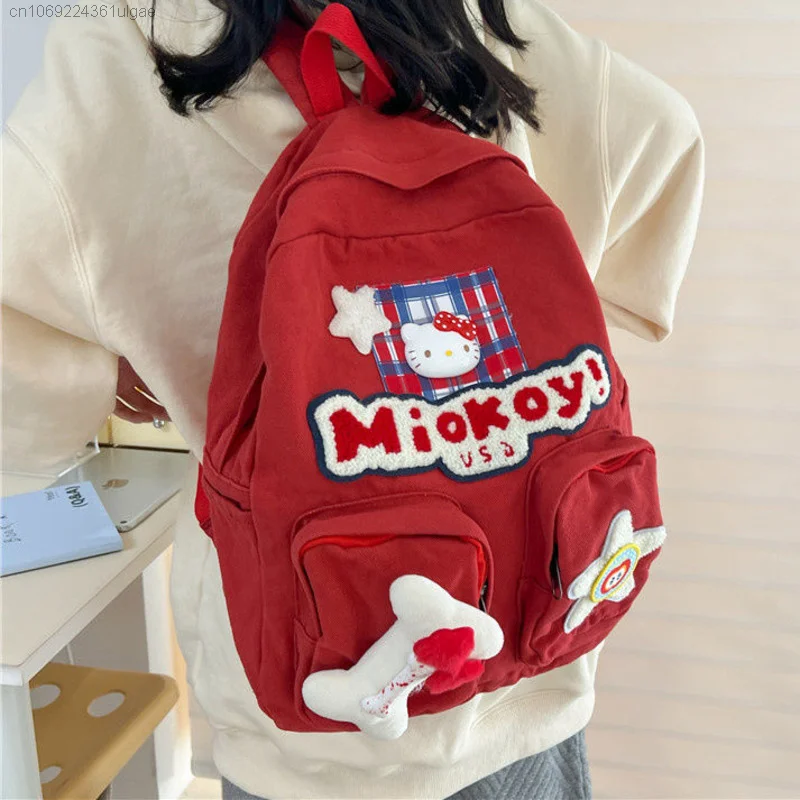 Sanrio Hello Kitty New Trend Bags Red Washed Canvas Backpacks Cartoon Korean Style Schoolbag Large Capacity Shoulder Bag Women