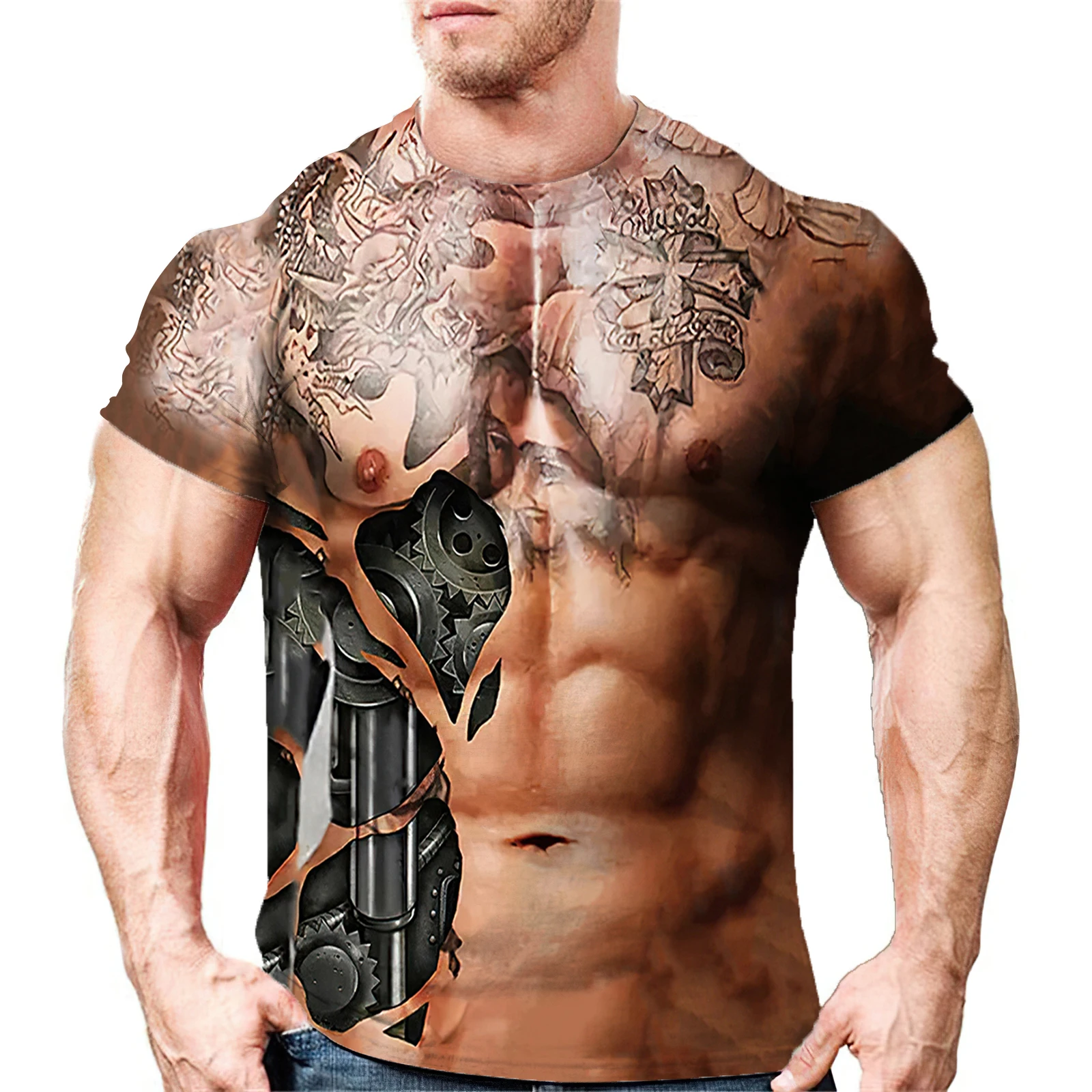 Camiseta de manga corta con cuello redondo para hombre, camiseta Sexy con estampado 3D de Harajuku, tatuaje muscular creativo, Hip Hop, divertido y