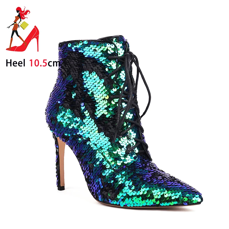 New Boots For Women 2023 Winter Black Sequined Stiletto Heels Clubwear Pointed Toe Dance Shoes Bling Shiny Fashion Ankle Boots