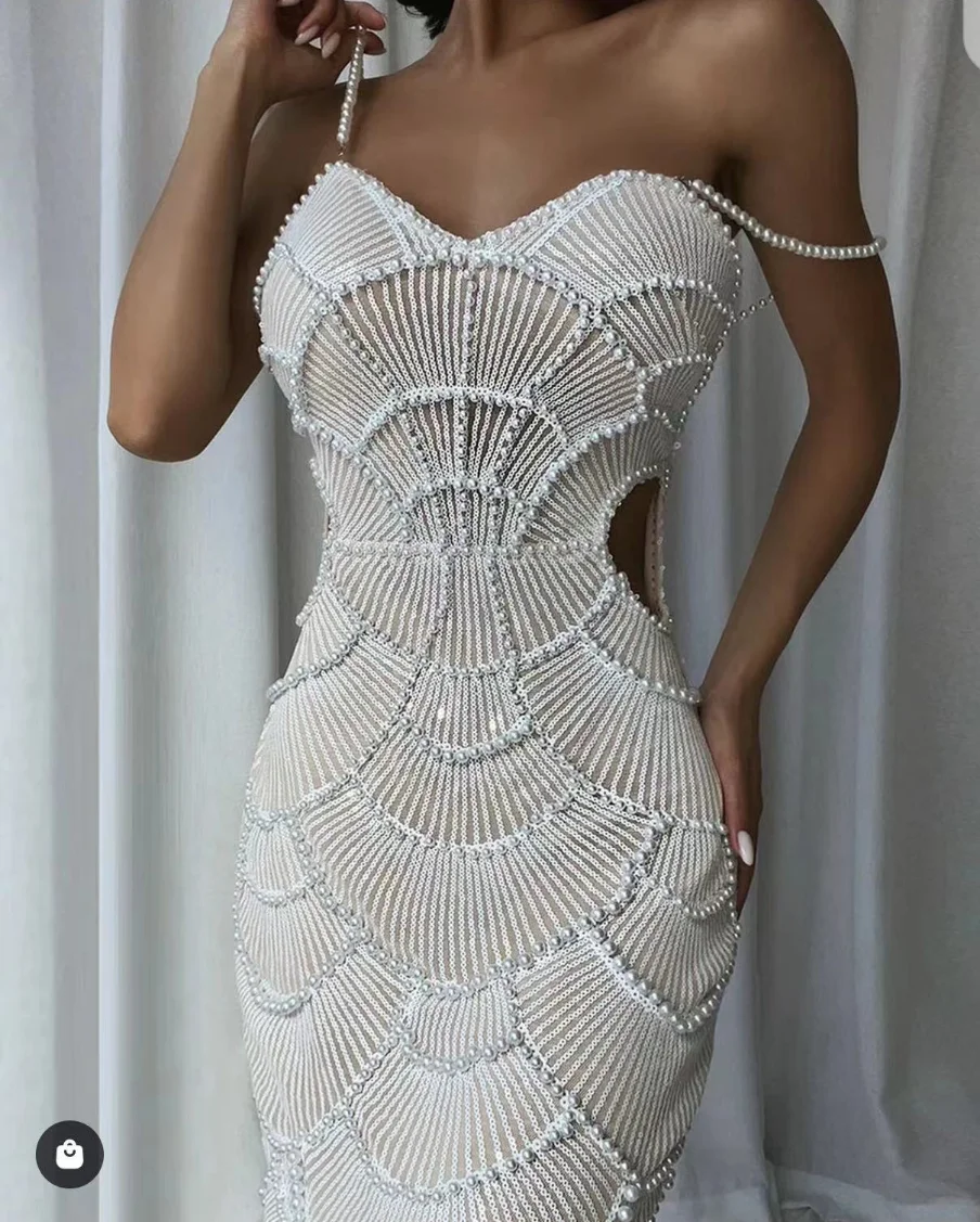 Gran oferta de Vestido largo ajustado con lentejuelas y perlas para mujer, Vestido Sexy sin mangas con tirantes, traje para fiesta de noche y cumpleaños