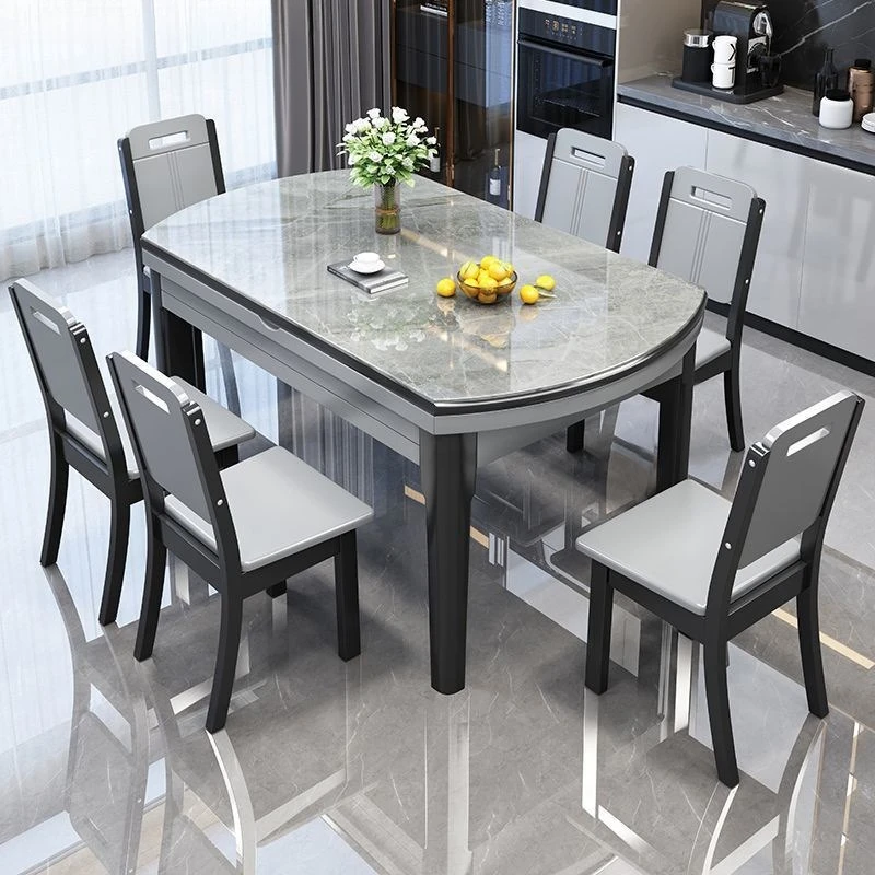 Rock slab dining table dining chair combination small apartment household solid wood dining table square circle retractable