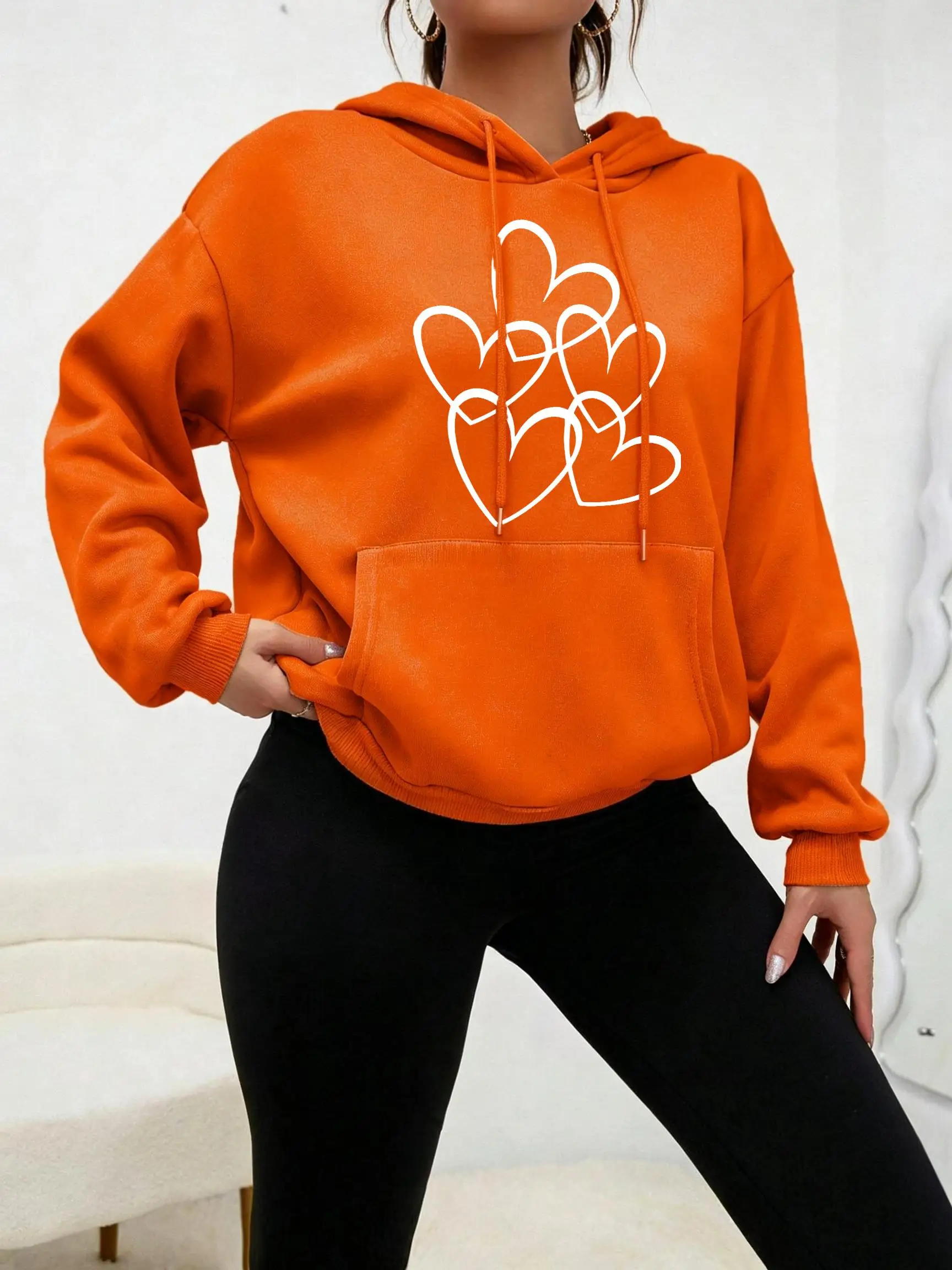 Creative Love Pattern Printing Women Hoodies All-Match Autumn Streetwear Comfortable Loose Hoody Fleece Pocket Woman Pullover