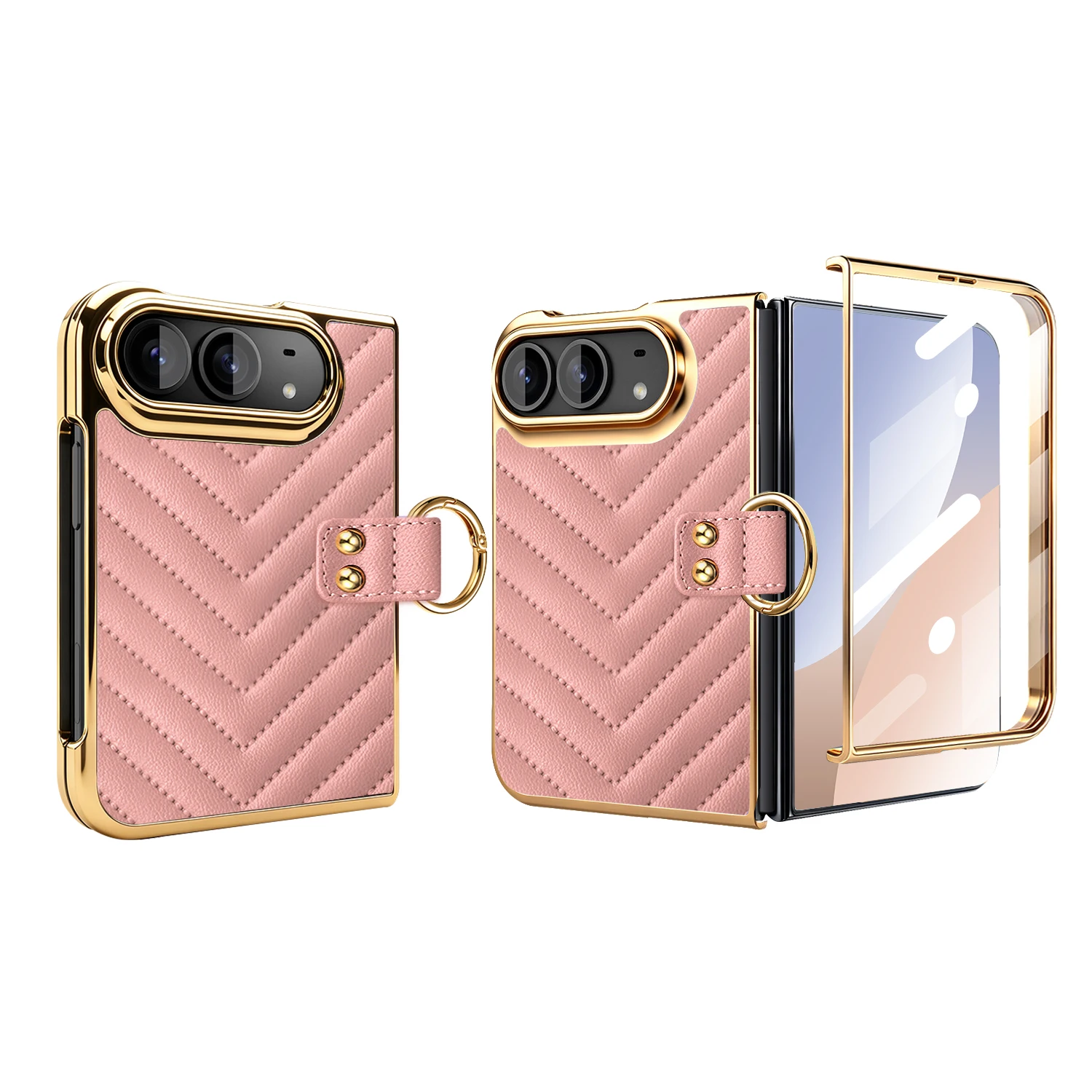 V-shaped Quilted Texture Electroplated Frame Ring Holder Leather Case for iPhone Duo 18 Fold Shockproof Film-Integrated Cover