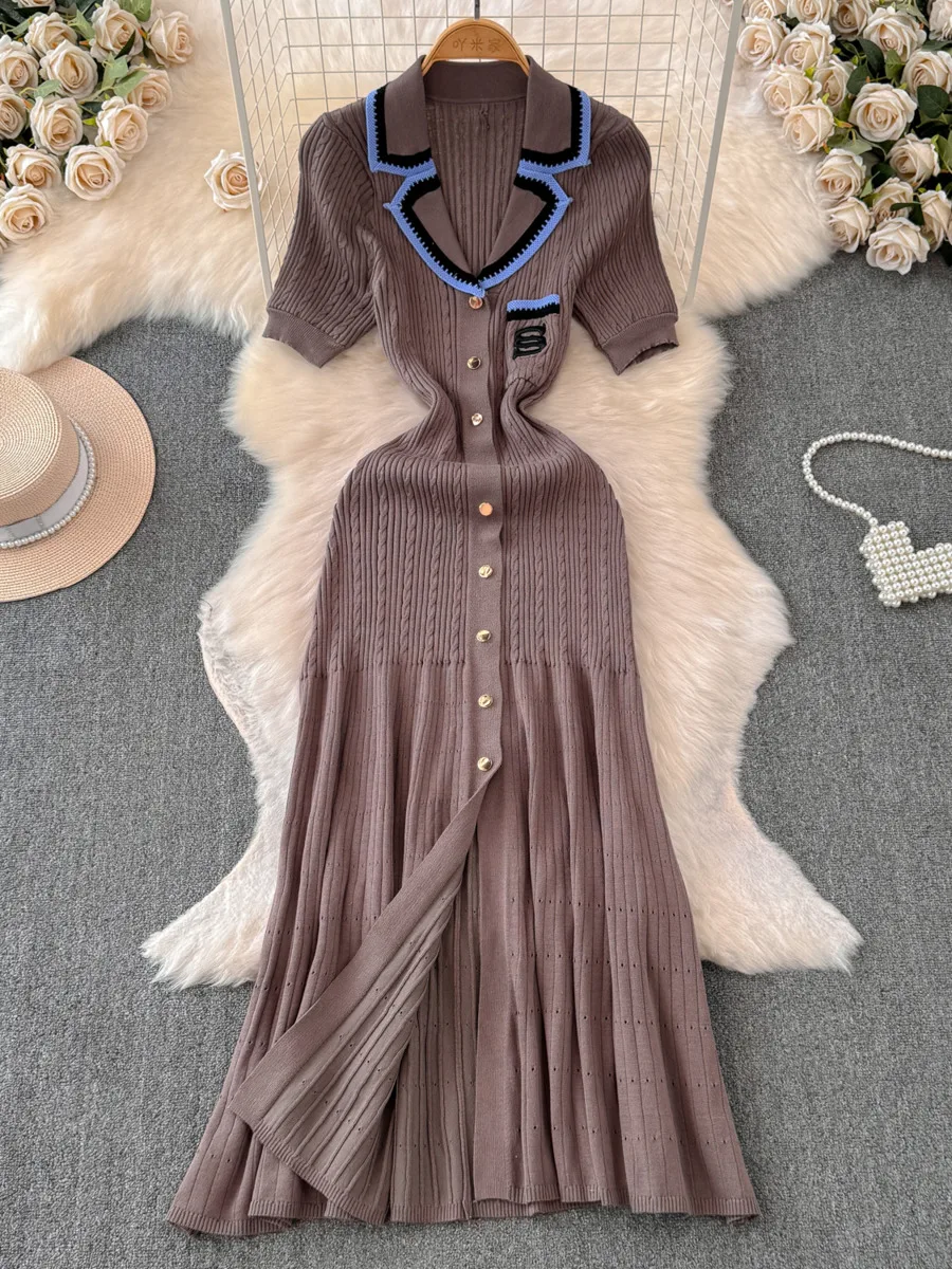 2024 neue Mode gestrickt Maxi kleid Sommer Frauen elegante Turn-Down-Kragen Stickerei langes Hemd Kleid Dame Pullover Vestidos
