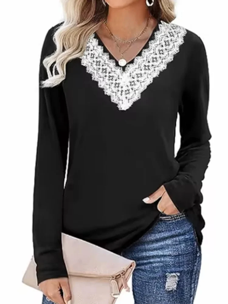 

Fashionable V-neck Long Sleeved Solid Color Lace Women's Dress Daily High Street Commuting Style Autumn Top