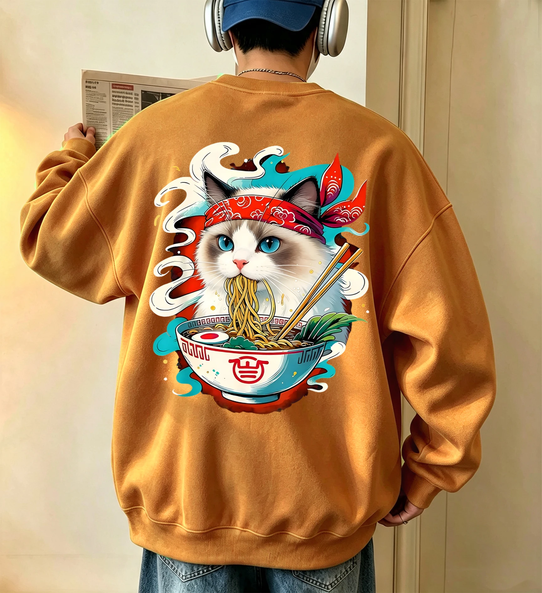 Katze kämpft mit Lamian-Nudeln bedruckter Herren-Fleece-Pullover, Vintage, lässig, langärmelig, Unisex, locker geschnittenes Basic-Sweatshirt – Detail 2
