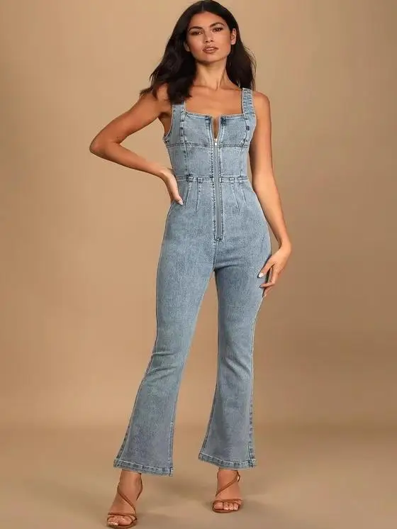 

Уличный облегающий комбинезон на молнии, длинные брюки, джинсовый комбинезон с квадратным воротником, микро-расклешенный, с высокой талией для женщин