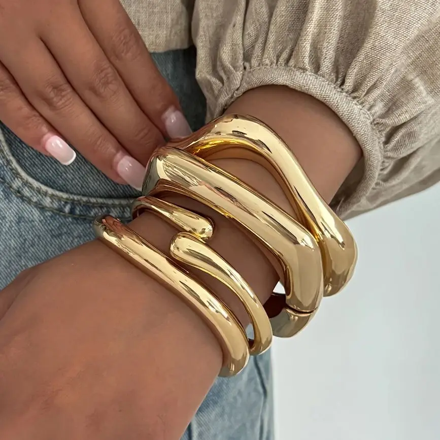 SHIXIN 4 Styles HipHop Irregular Geometric Metal Bangles for Women Creative Smooth Stacked Spring Opening Bracelet Party Jewelry